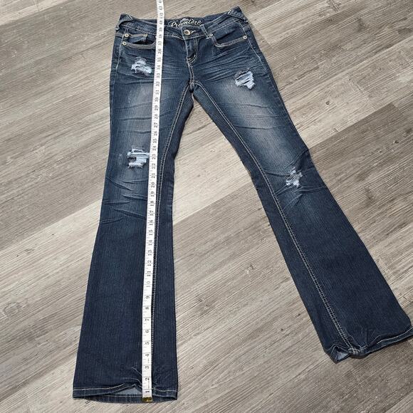 Premiere Denim Dark Washed Distressed Low Rise Boot Cut Blue Jeans Juniors 3/4 - Picture 5 of 6
